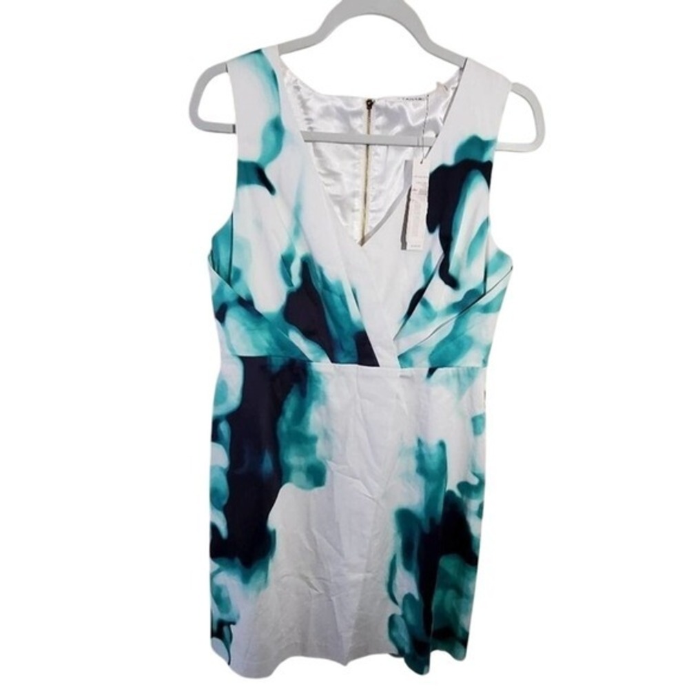 Tahari Scarlet Aqua White Tie Dye Sheath Surplice Career Party Cocktail Dress 10